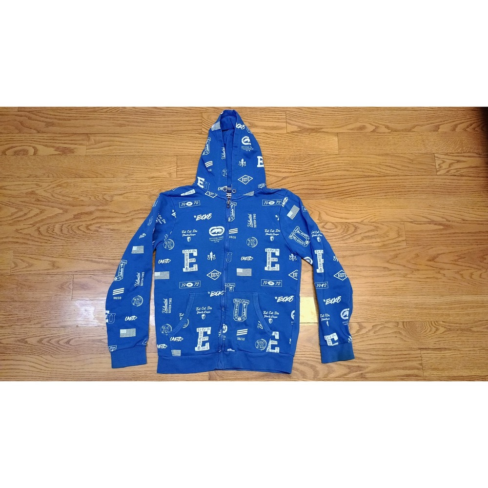 Y2K Ecko Unltd Mens‎ Graphic Print Full Zip Hoodie Blue White Size Small